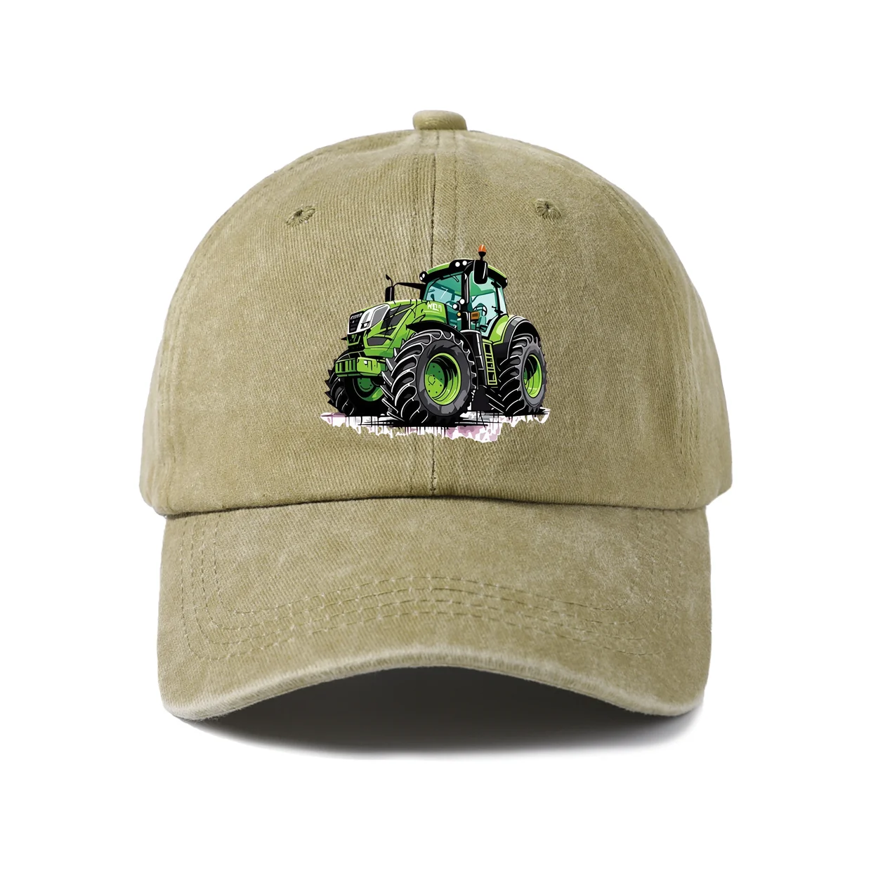 Green Farm Tractor Graphic Baseball Cap, Vintage Washed Adjustable Unisex Dad Hat, Everyday Gift