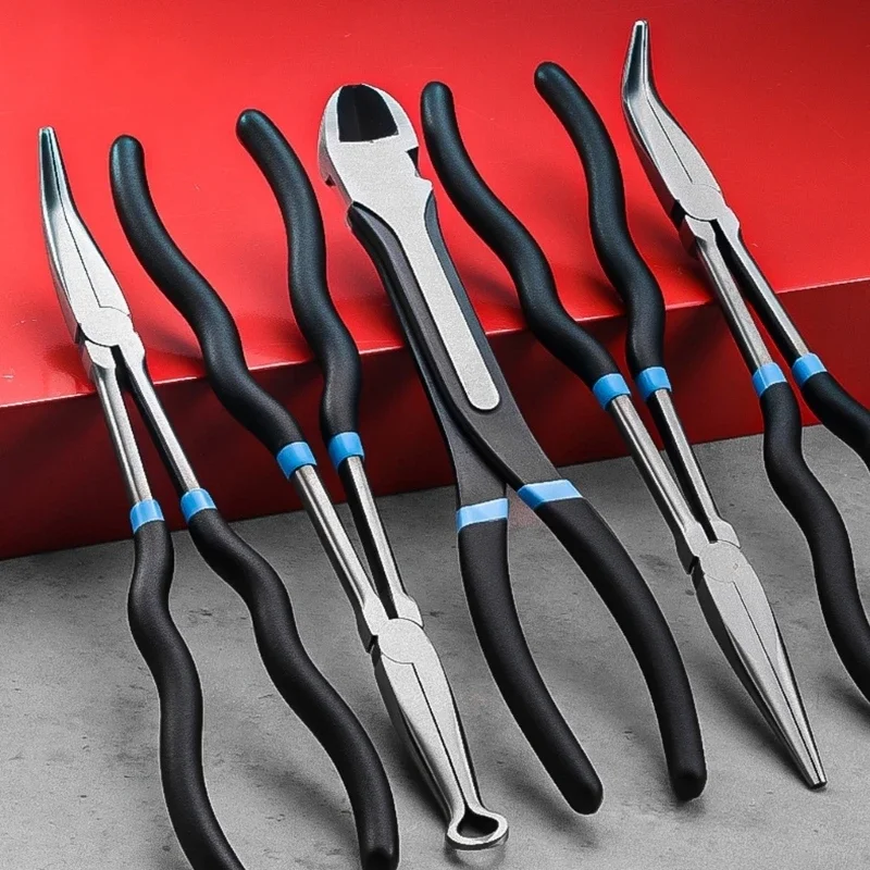 Extended Nose Plier Set Steel Build Mixed Tip Assortment Textured Handles Carry Wrap for Detail Repair Access Tasks M4YD