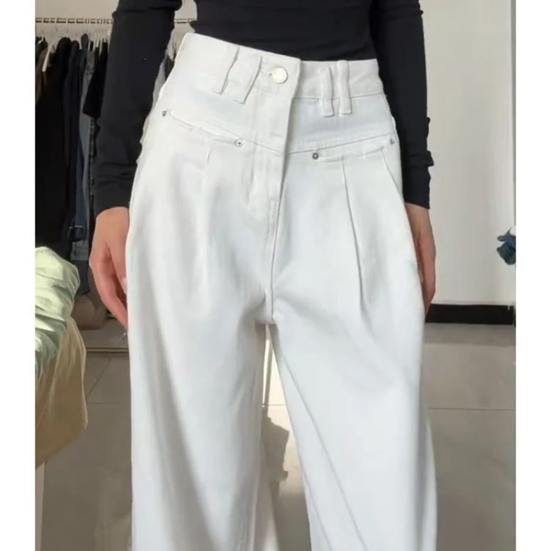 Calça jeans feminina vintage calças retas outono primavera moda feminina branco preto calças de perna larga jeans casuais