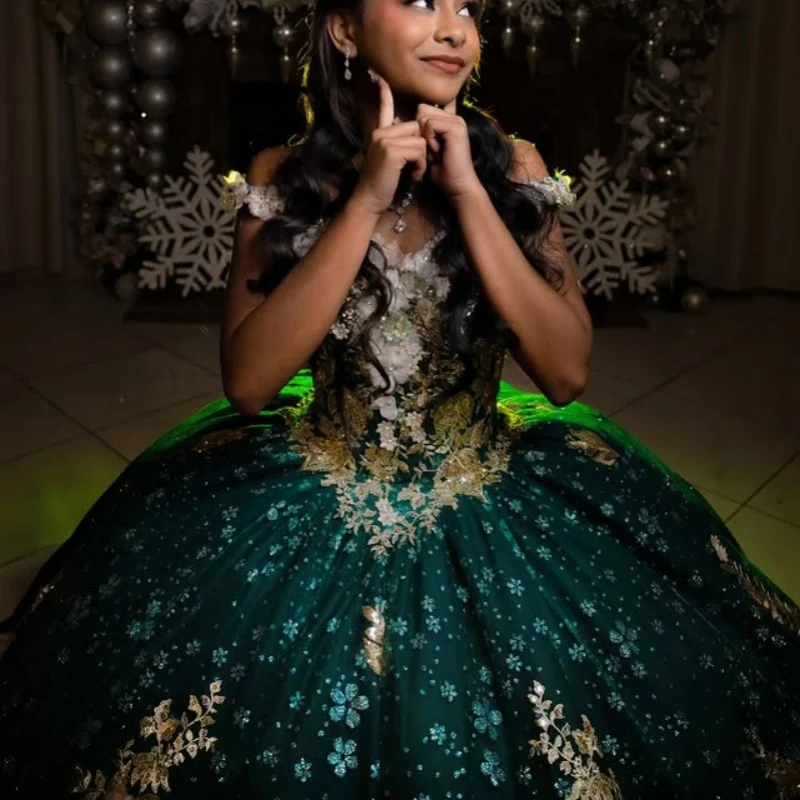 

Shiny Dark GreenQuinceanera Dresses off-shoulder Crystal Glitter Decal 3D Flower Long tail Vestido De 15 Quinceanera Customize