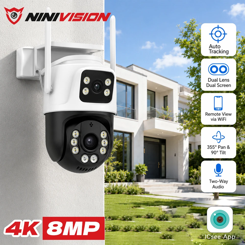 4K 8MP Dual Lens WiFi Outdoor Security PTZ IP Camera Dual Screen 355 Pan 90 Tilt Full Color Night Vision Two Way Audio ICsee App