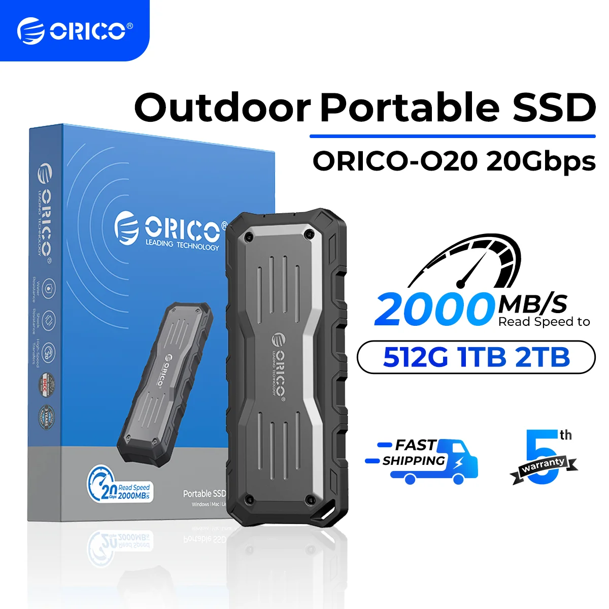 ORICO Mecha-Disque SSD externe portable, SSD 2000 Mbps, 2 To, 1 To, USB 3.2, Gen2 Type-C, PSSD pour la prolifération des travailleurs de plein air