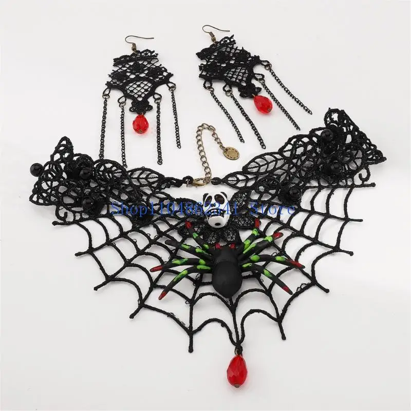 5asd 2pcs Gothic Lace Choker สร้อยคอ Rhinestones ต่างหูฮาโลวีนเครื่องแต่งกายอุปกรณ์เสริมเครื่องประดับสำหรับผู้หญิงของขวัญ