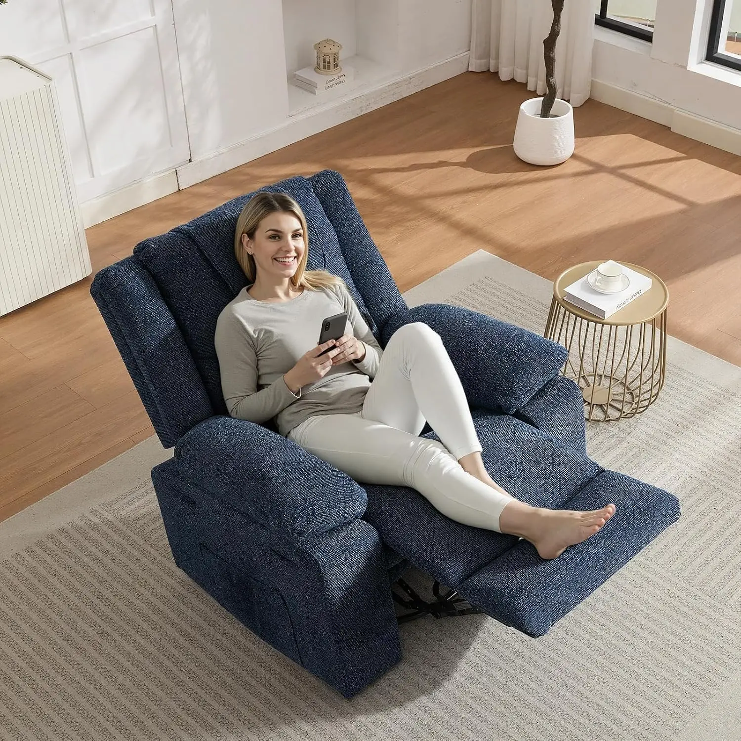 Sofa Massage Recliner Chair for Living Room Swivel Rocking Recliner Chair with Massage & Heat for Adults, with Footrest Breathable Linen Upholstery, 360° Swivel & 150° Recline