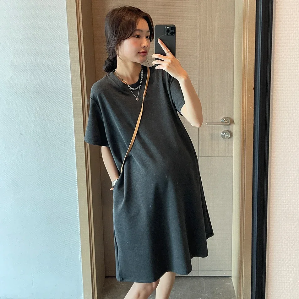 Korean Style Plus Size Pregnant Woman Clothes Solid Color Short Sleeve Loose Casual O-Neck Maternity Stretched Shirts Mini Dress