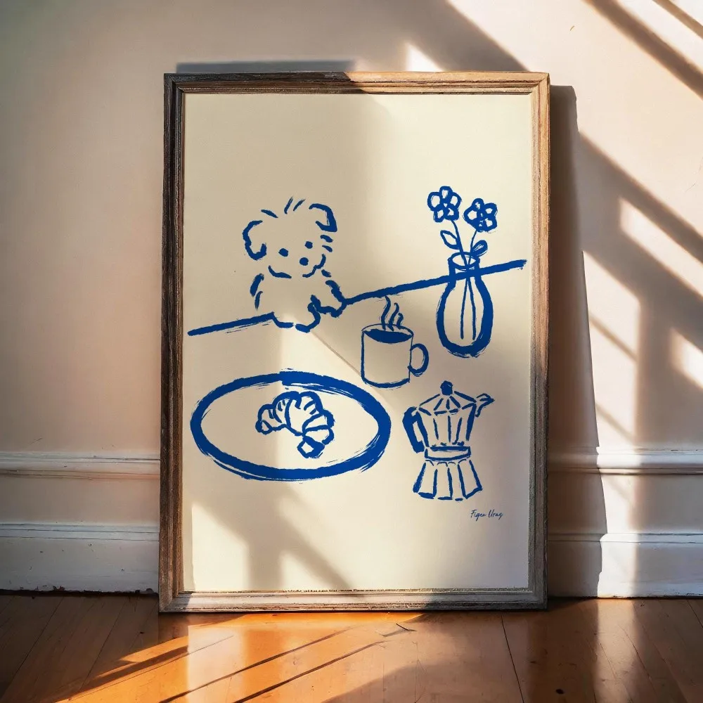 1pc (No frame),Abstract Coffee Wall Art, Sneaky Dog Kitchen Art, Scandi Breakfast Poster, Whimsical Animal Sketch, Wall Art, Din