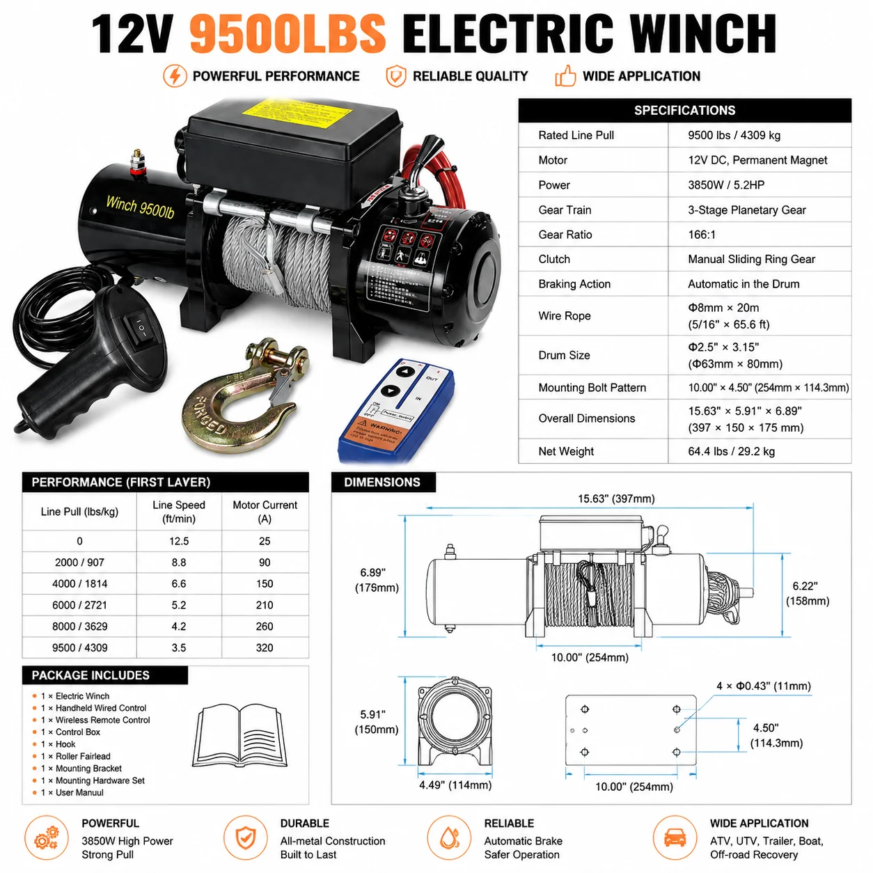 9500lbs Heavy Duty Electric Recovery Winch 12V Wire Rope Self Locking for Trucks SUV Offroad Vehicle Folding Jib Crane Lifting