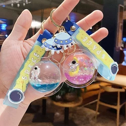 Cartoon Disc Floating Moon Astronaut Spaceman Keychain Creative Cute Spaceship Pendant Quicksand Liquid Key Chain Girl Bag Gifts