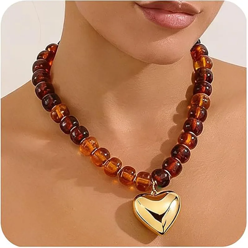 Bohemian Colorful Chunky Resin Beaded Necklace for Women Y2K Trendy Gold Color Puffy Heart Pendant Choker Summer Beach Jewelry view 3