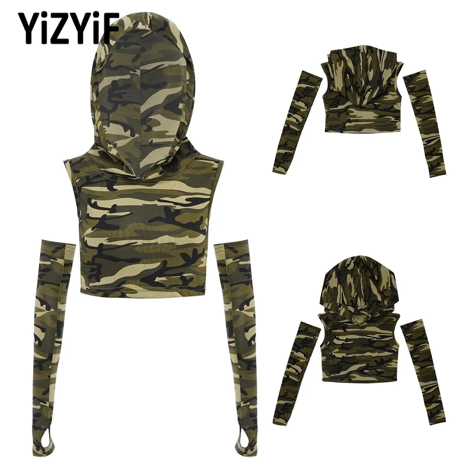 Camouflage Printed Kids Girls Sleeveless Hip-Hop Jazz Dance Outfit Hooded Crop Top with Gloves for Stage Performance Sports Wear