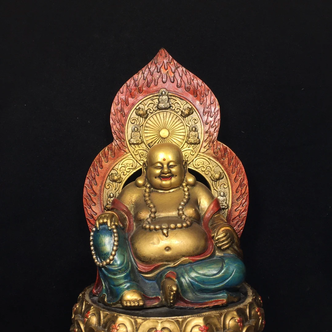 29cm Bronze gilded gold colored painting of Maitreya Buddha ornaments  laughing Buddha big belly Buddha statue