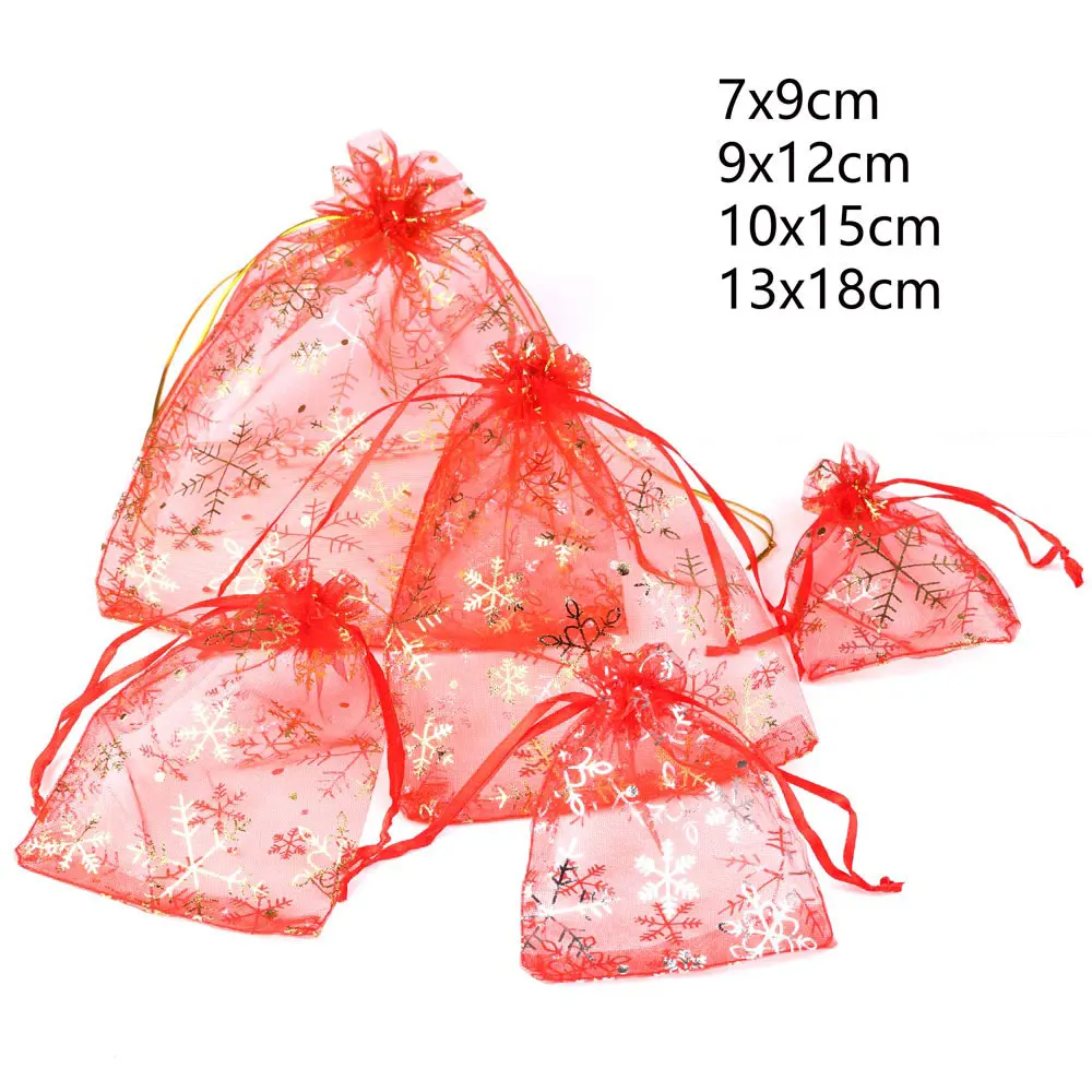 Snowflake Print Organza Jóias Bolsas, Doces de Casamento e Presente de Natal Embalagem Bolsas, Novo, 7x9, 9x12, 10x15, 13x18cm, 50Pcs por lote