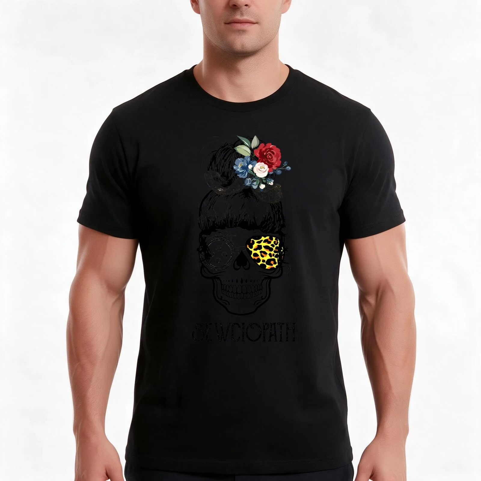 Skull Sewing Sewciopath T-Shirt, Summer Casual Cotton Tee, Oversized Streetwear Tops, Vintage Graphic Print, Unisex Men Women
