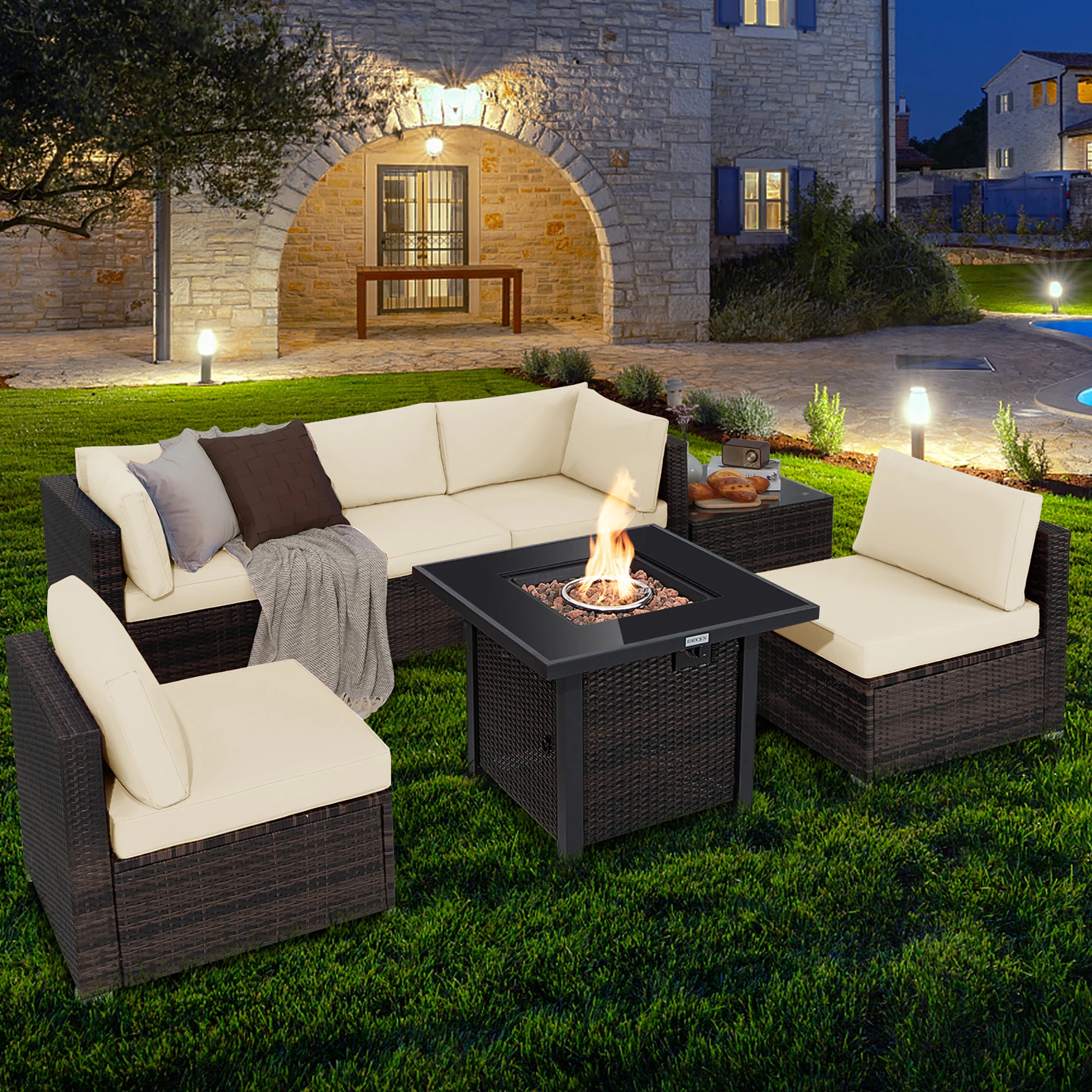 

7PCS Patio Rattan Furniture Set Fire Pit Table Cover Glass Top Cushion Off White