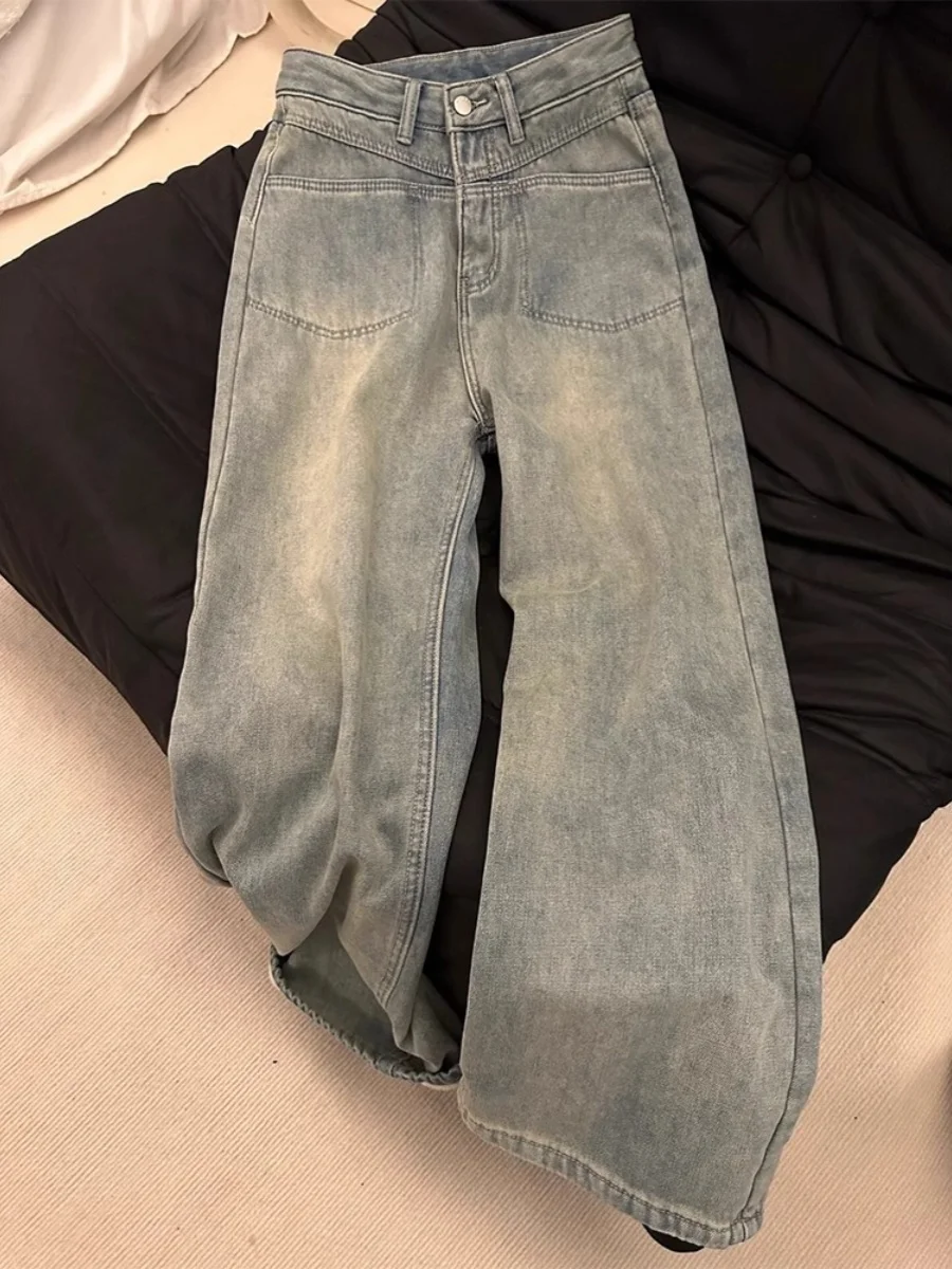 

Vintage All Match Straight Leg Pants For Women Autumn Winter New Wide Leg Pants Casual Solid Color High Waisted Jeans