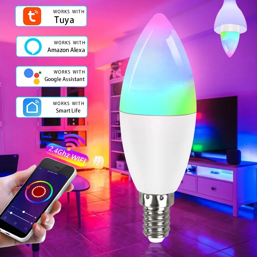 

Wifi Smart Light Bulb E14 Candle Lamp RGB+CW+WW 5W 7W 9W Tuya Smart Life APP Voice Control Compatible Alexa Google Home Dimmable