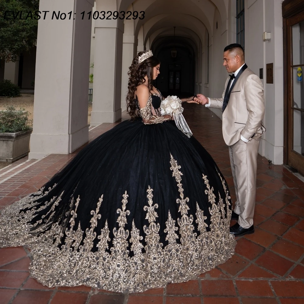 

EVLAST Customized Shiny Black Ball Gown Quinceanera Dress Gold Lace Applique Beading Corset Sweet 16 Vestidos De 15 Anos E1QN392