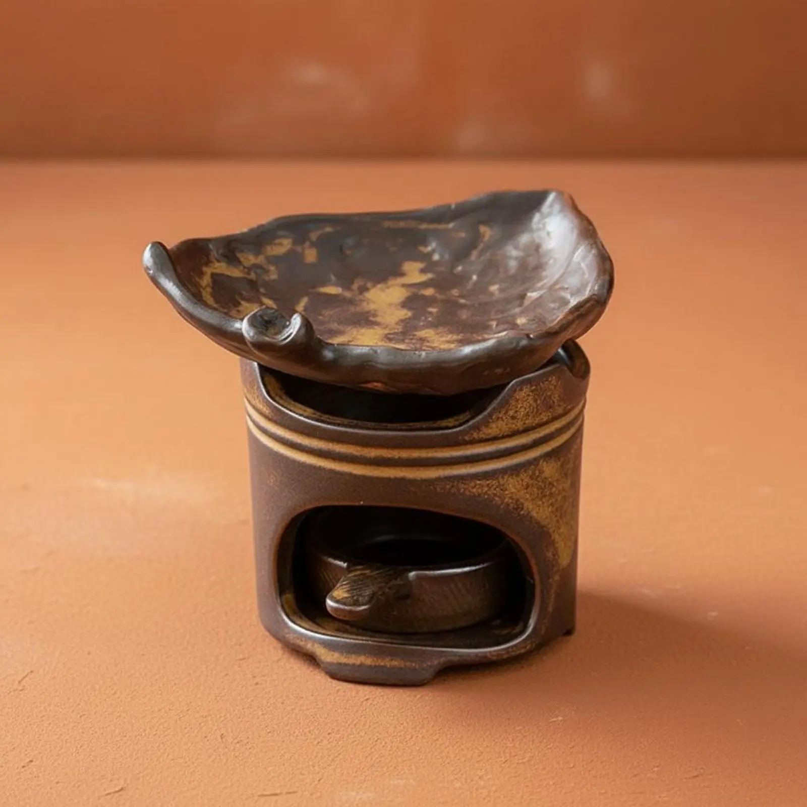 Ceramic Tea Roaster Tranquil Inspired Design Candle Powered Oil Scent Warmer Rustic Pottery Aroma Burner Vintage Design