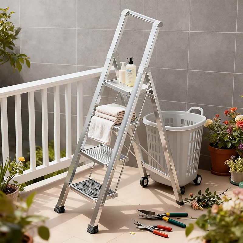 

Multi Position Aluminum Alloy A Type Ladder Telescopic Folding Design With Non Slip Foot Pads For Home Renovation Cleaning