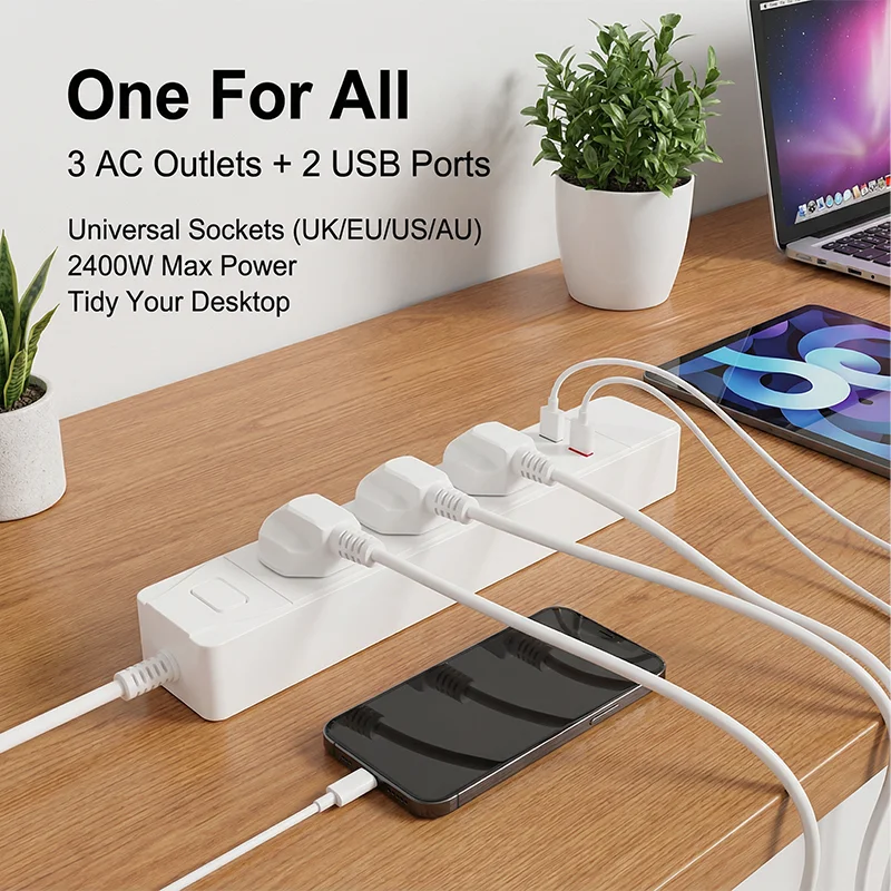 Smart Power Strip Universal Works With DC energy storage, rechargeable and able to light 3AC Socket 2USB PD20W UK/EU/US/AU/SANS