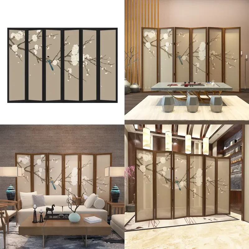Modern Chinese Folding Screen Room Divider Floral Bird Print Portable Partition for Living Room Tea Space Home Decor