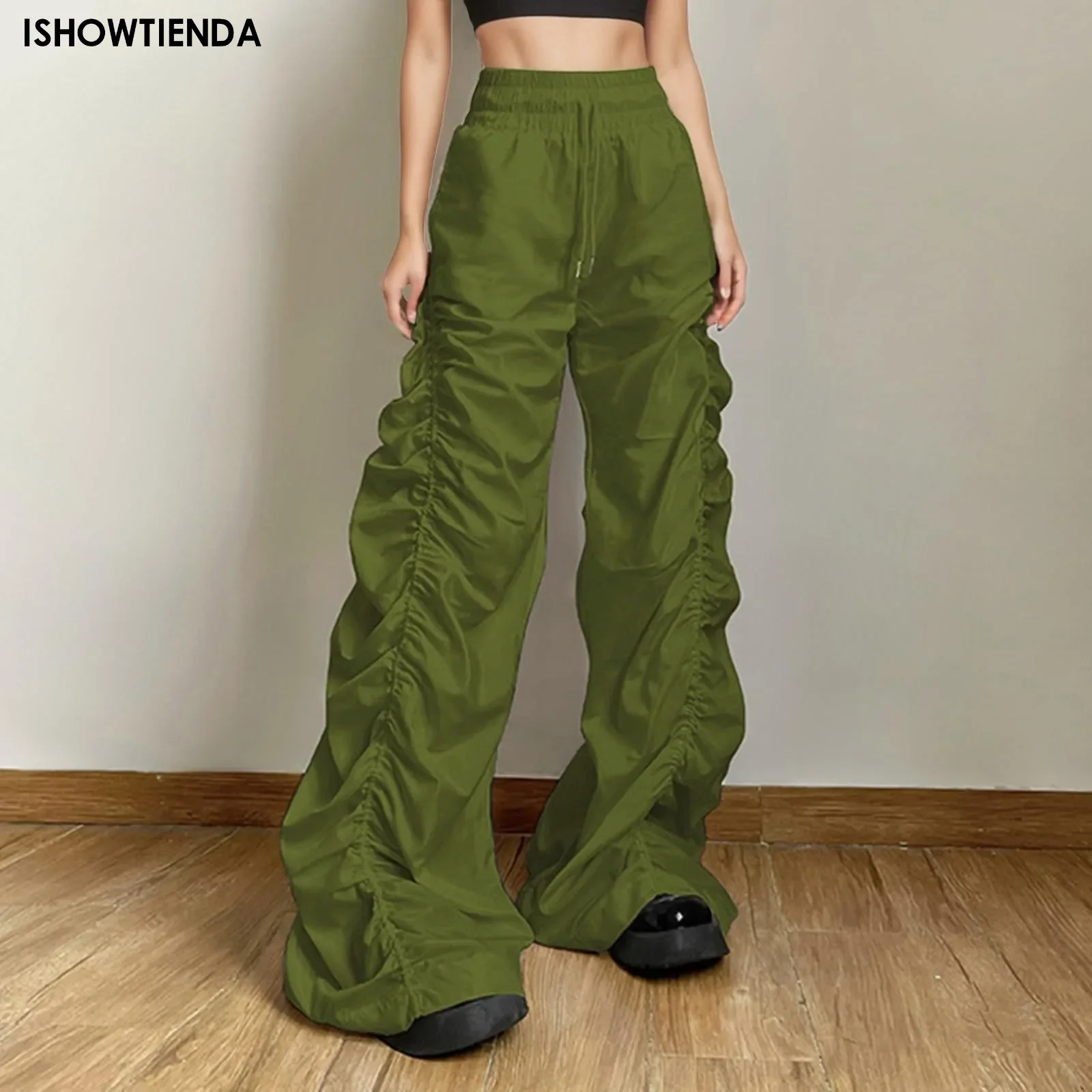 1pc Women Pants Big Pockets Cargo Y2k High Elastic Waist Drawstring Baggy Trousers Vintage Casual Loose Straight Cargo Pants