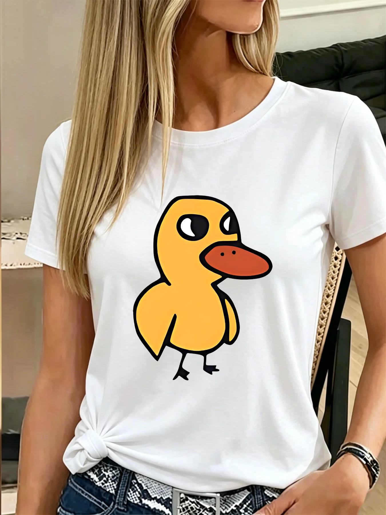 Cute Cartoon Yellow Duck Bold Black Outline Art Print Graphic Womens T Shirt Short Sleeve Crew Neck Casual Ladies Tee Tops
