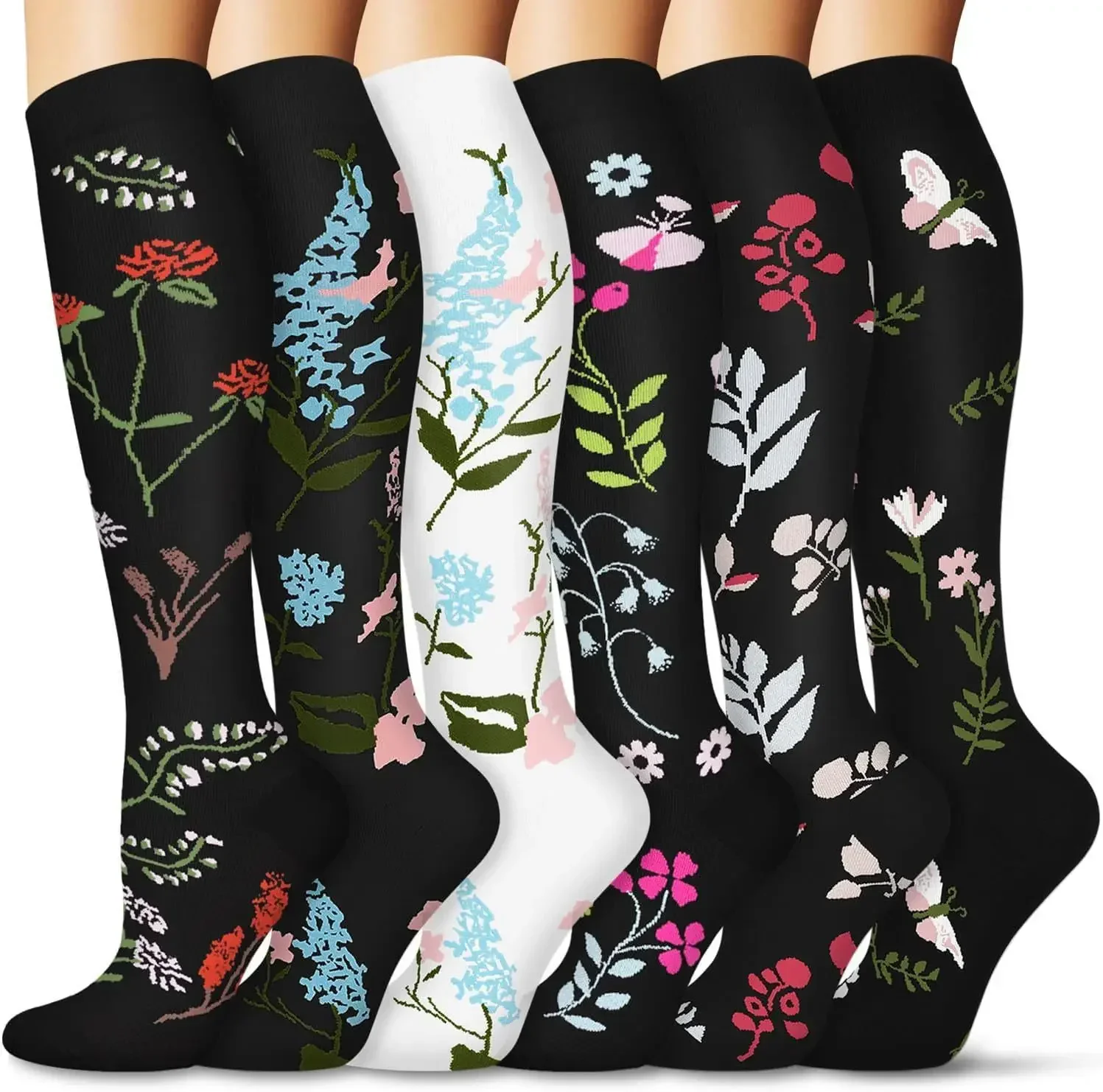 6 Pairs Floral Cute Compression Socks for Women Travel Calf Nurse Pregnant Medical Compression Socks Cartoon