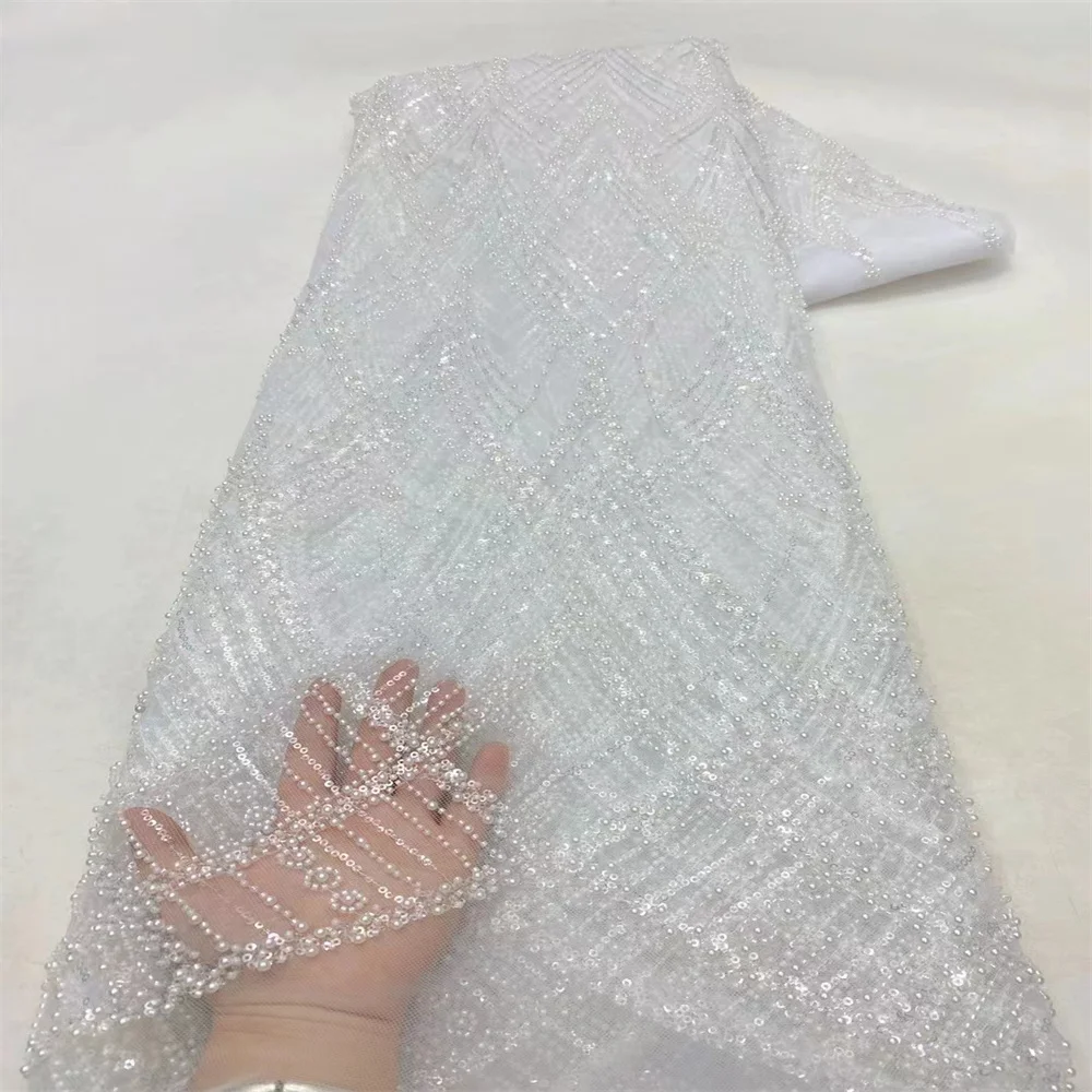 

New Beaded African Mesh Net Lace Fabric 2024 High Quality Embroidered French Nigerian Tulle Lace Fabric For Women Dress Party xz