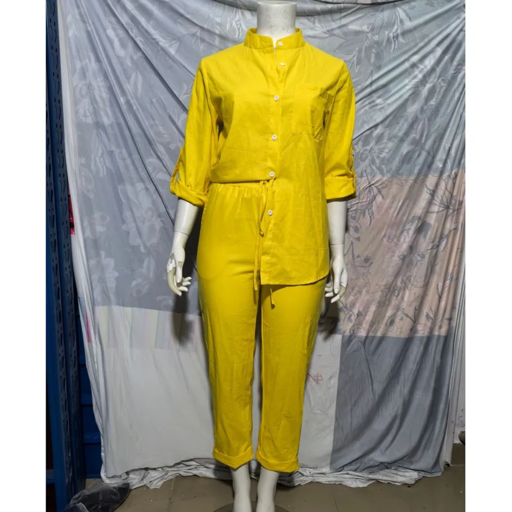 Casual Stand Collar Single Breasted Shirt Long Pants Two-piece Set For Women 2024 Autumn Cotton Linen Blouse Yelow Outfits Femme