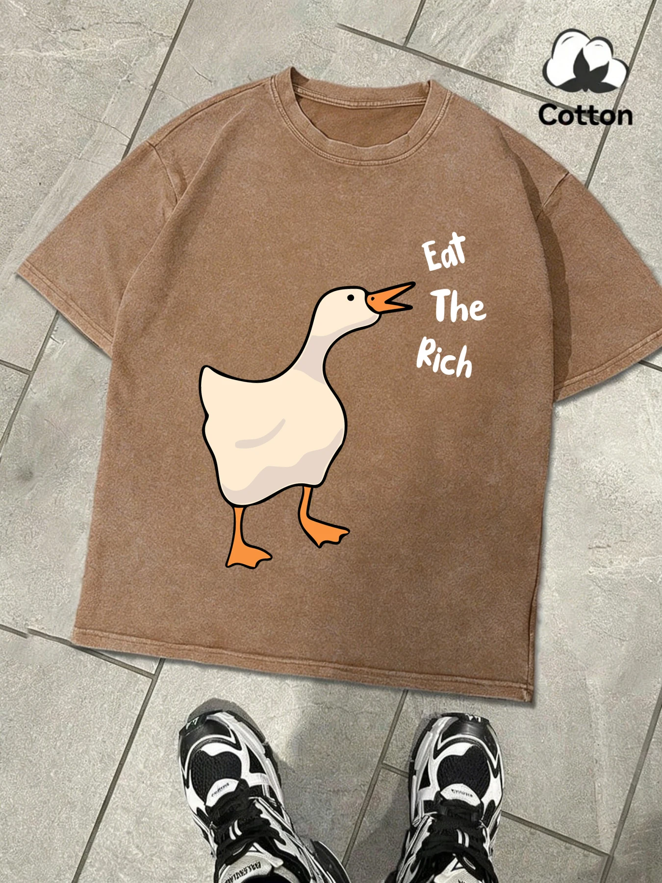 Eat The Rich Goose Printing Retro Man Snow Wash T-Shirts Summer Loose Cotton Tops Soft Trendy Washed O-Neck Tee Sport Clothing