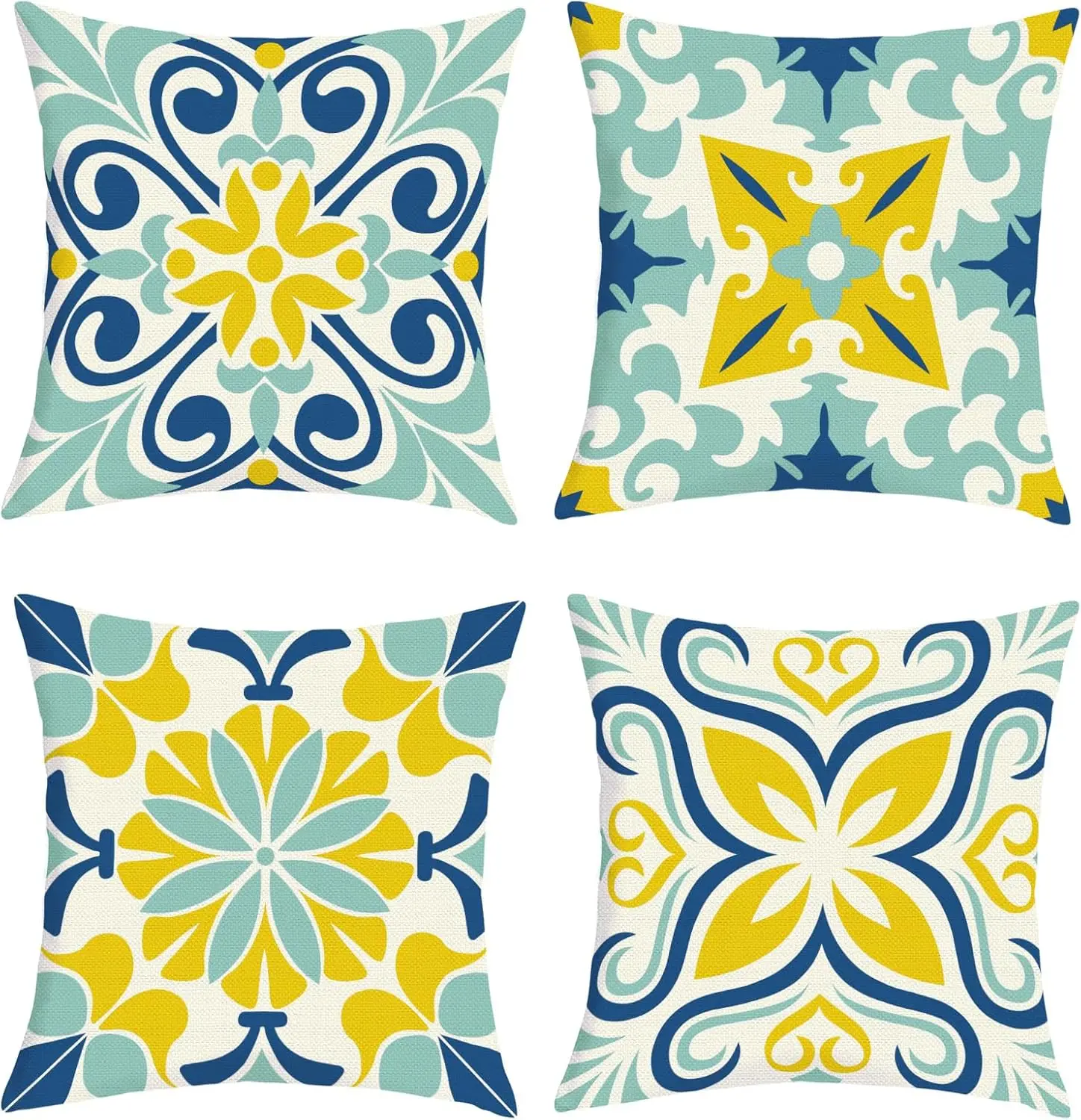 4Pcs Mediterranean Tile Throw Pillow Covers Blue Yellow Floral Geometric Cushion Cases for Living Room Sofa Bedroom Home Decor