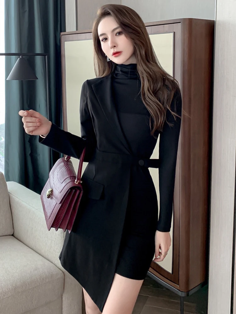 

Fashion Commute Black Suit Stitching Knitted Fake 2 Piece Women Mini Dresses Turtleneck Skinny Chic Vestidos Mujer Office Work