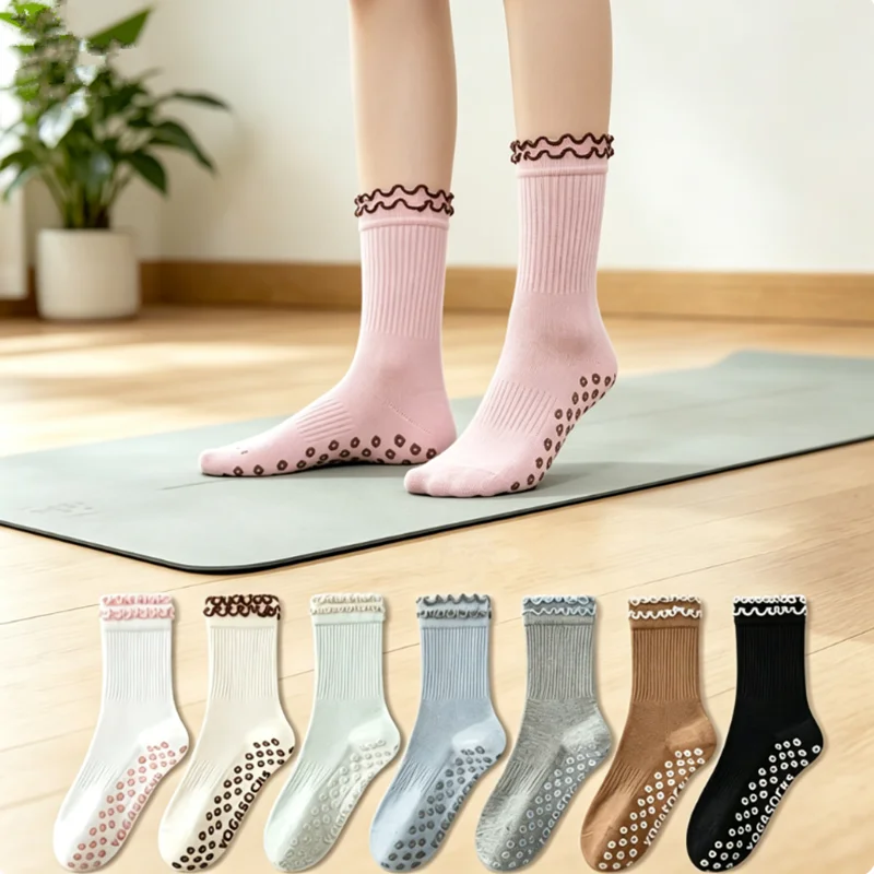 

1 Pair Ruffle Cuff Non Slip Yoga Socks, Anti Grips Pilates Barre Socks for Women, Breathable Mid Calf Workout Socks