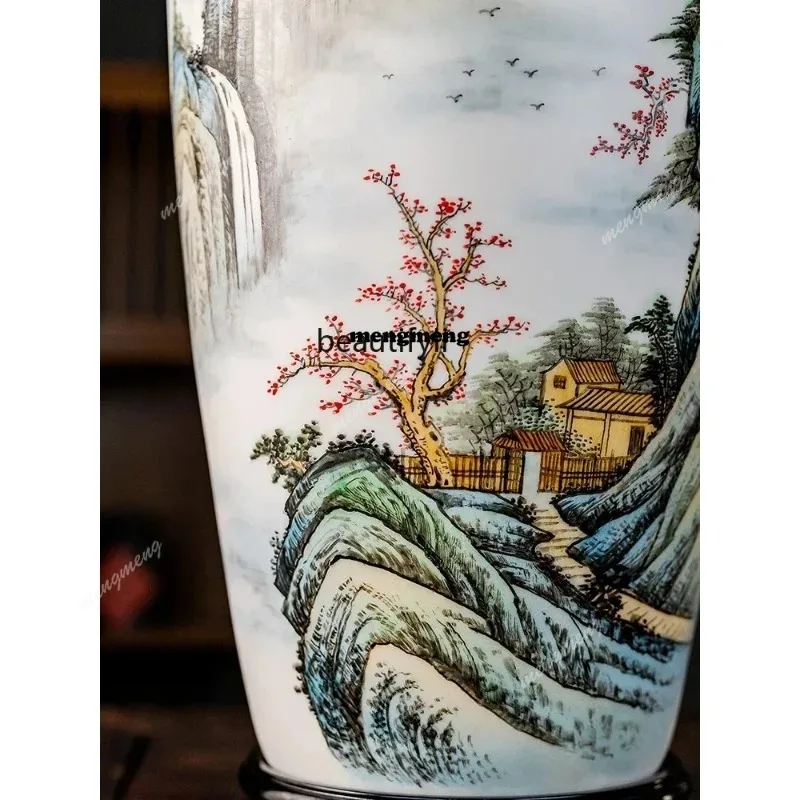 Cy Mutton Fat Jade Hand Painted Yunshan Waterfall Landscape Vase Decoration Chinese Living Room Solid Wood Home SquareX