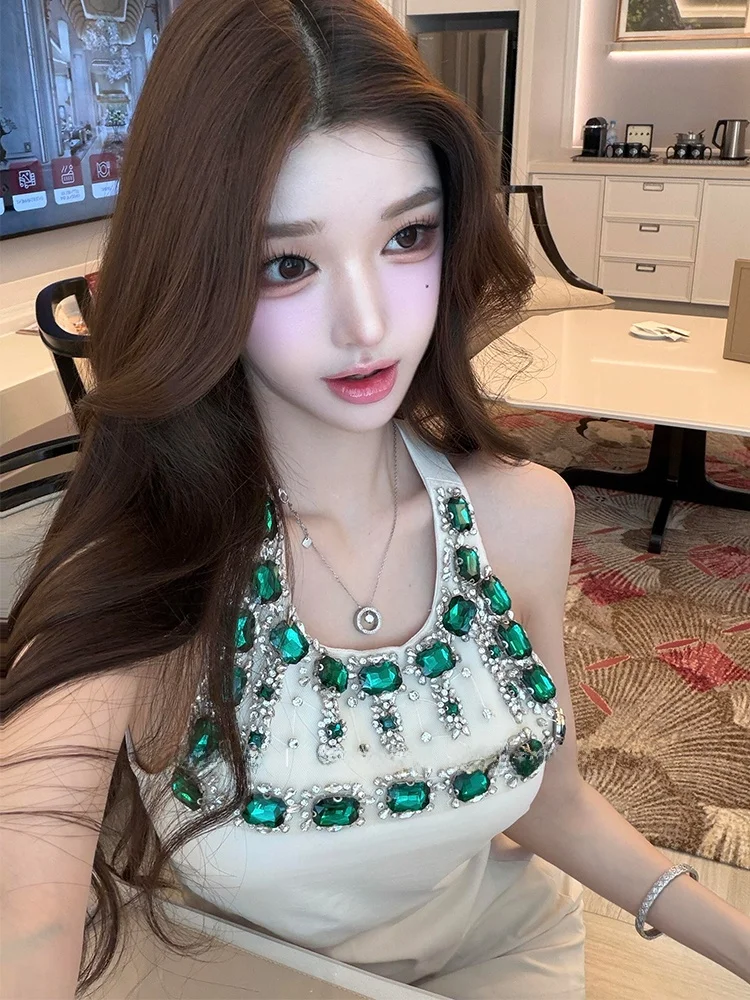 

Elegant Sexy Diamond Embedded Neckline Evening Dress Bodycon Skirt Soft Polyester Fabric Sleeveless Women's Fashion Party Dress