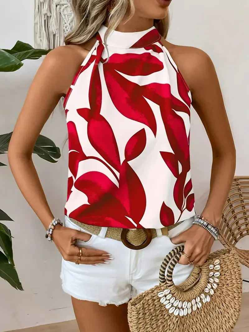 Women's Summer Strapless Top Sleeveless Halter Vest Fashion Floral Print Top Casual and Comfortable