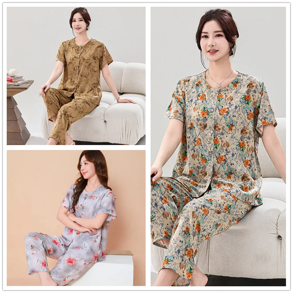 Summer viscose long-sleeved trousers ladies pajamas suit 4XL plus size Sleepwear women's home Nightwear