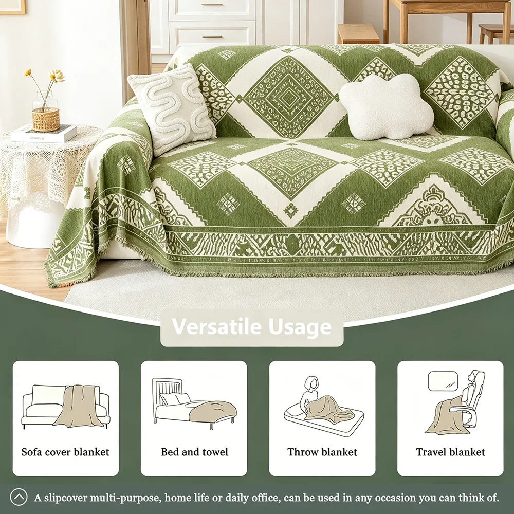 Chenille Sofa Towel Blanket Geometric Tassel Edge Double-sided All Season Dust Cover Cloth Multi-purpose Sofa Cover Throw