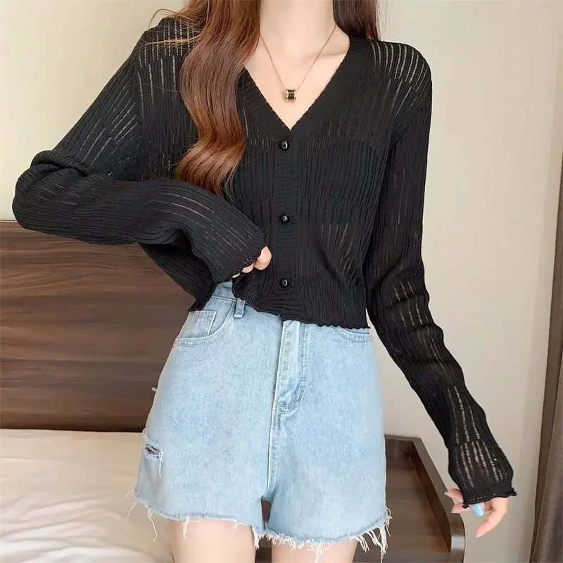 Hollowing out Women\'s cardigan knitted sweater Button Loose fitting top coat Youth Elegant High quality knitwear black