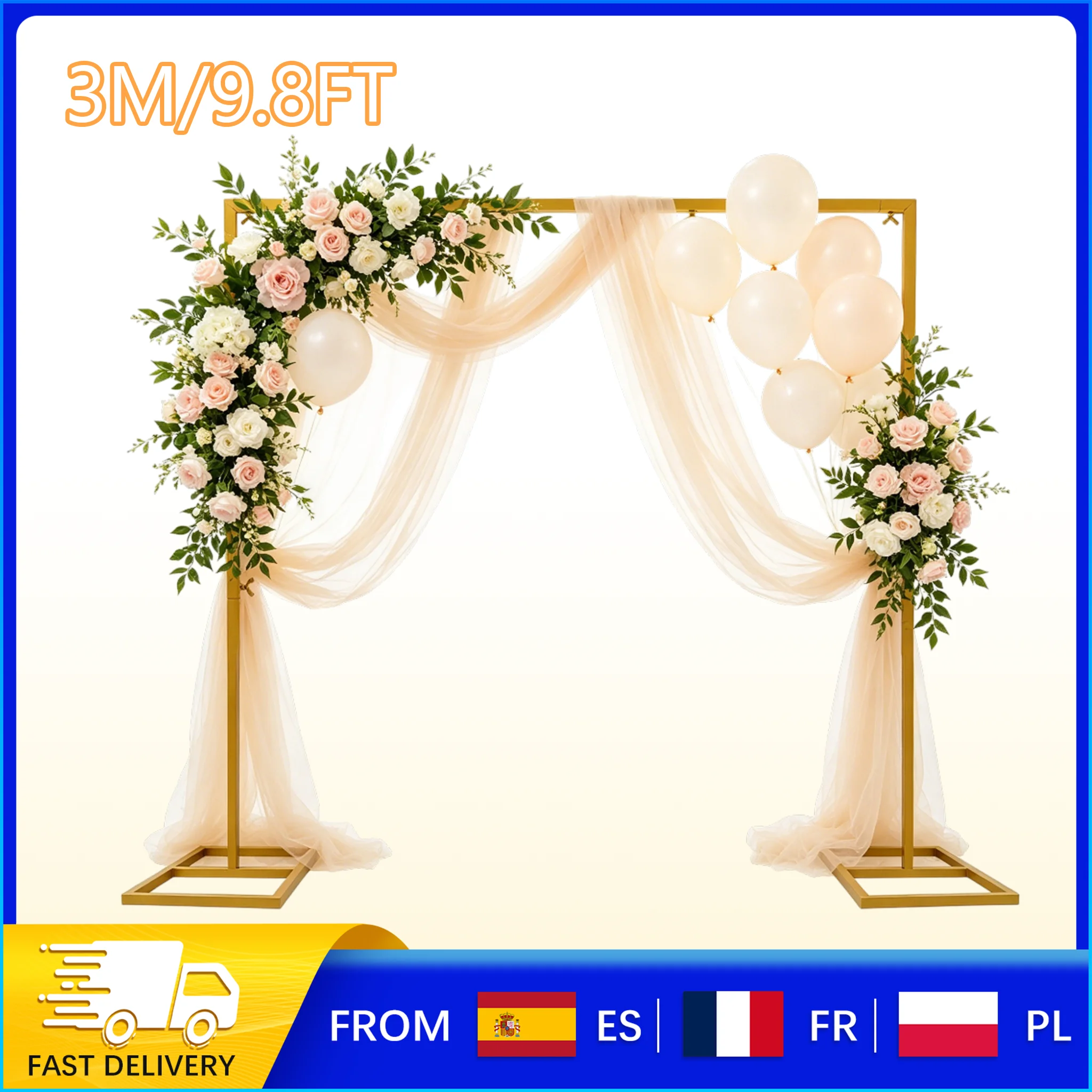 Arche de mariage en métal doré 9,8x9,8 pieds, structure carrée robuste pour ballons avec base, pour mariage, anniversaire, jardin, toile de fond de photomaton