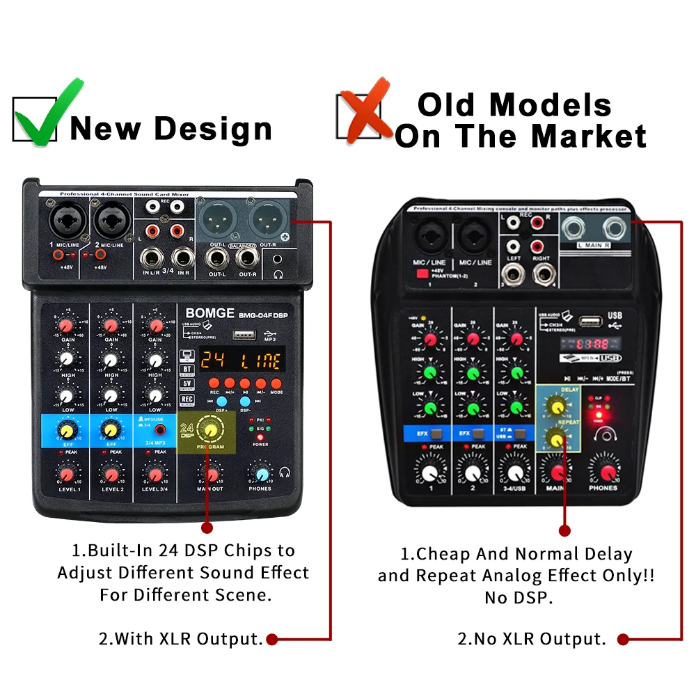 BOMGE 4 Channel sound console Audio Mixer with 24DSP Bluetooth 48V Phantom Power EQ and USB Audio Interface for DJ karaoke