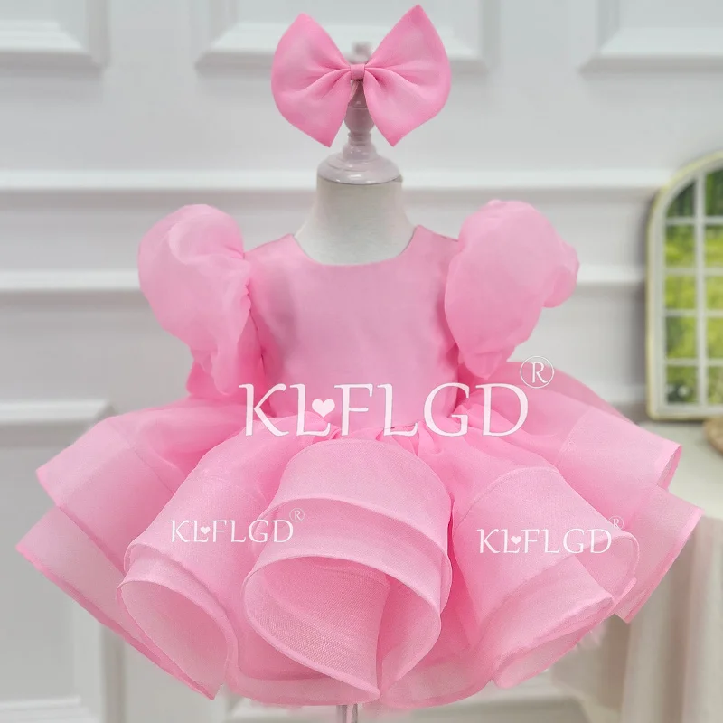 KLFLGD Toddler Pageant Dress New Bubble Sleeves Pink Childrens Clothes Christmas Baby Luxury Dress Party Big Butterfly Girl Cost