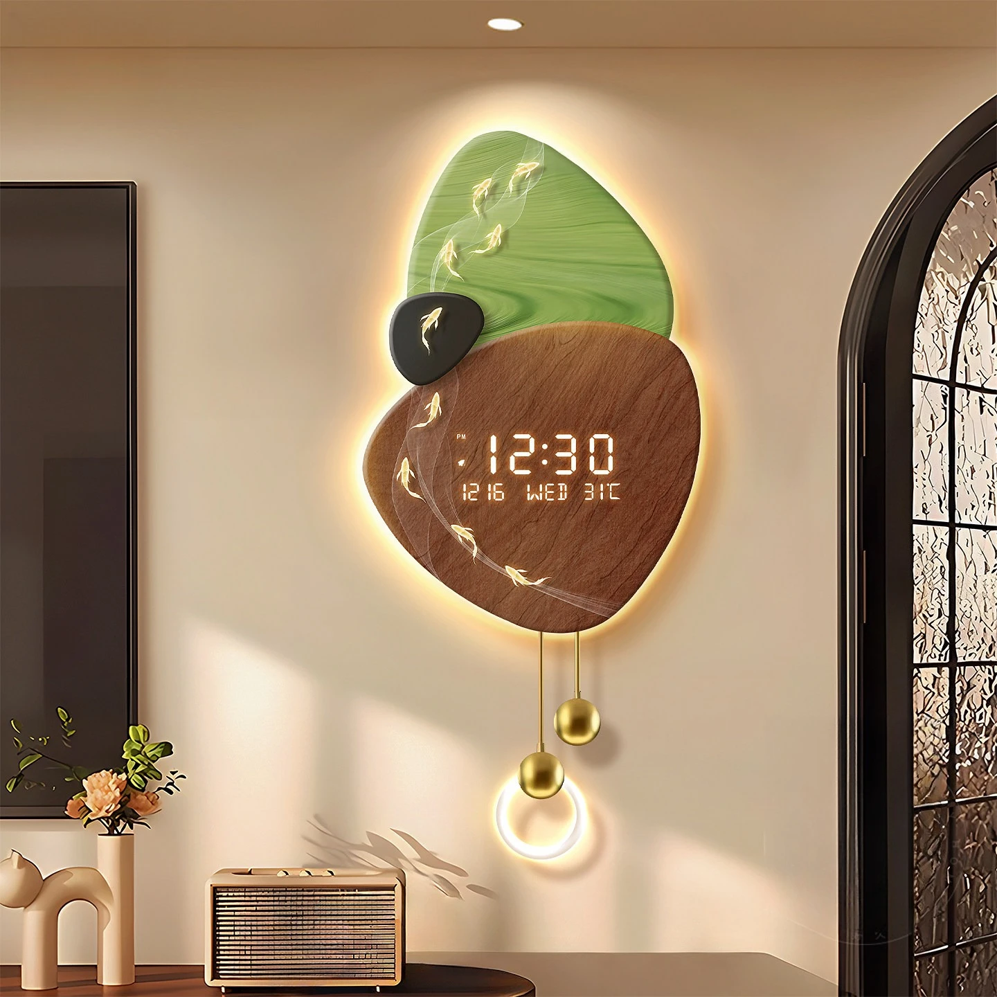 Time Comes And Goes, Nine Fish Figure Wall Clock Light Luxury Living Room Clock Decoration Silent Grille Light Wall Clock