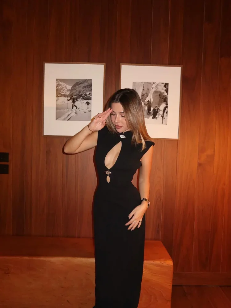 우아한 여성용 블랙 민소매 맥시 드레스 만다린 칼라 컷아웃 슬림핏 가운 여성 이브닝 파티 드레스 2026 봄 신상 트렌디