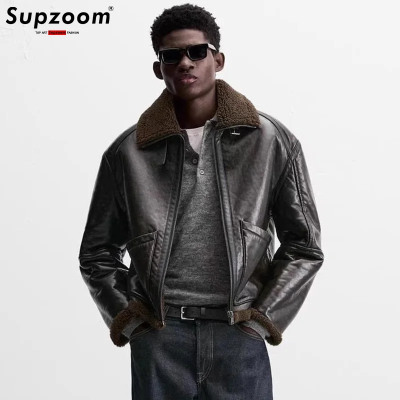 

Supzoom Новое поступление, модная осенне-зимняя мужская повседневная короткая толстая куртка из искусственной кожи с отложным воротником на молнии