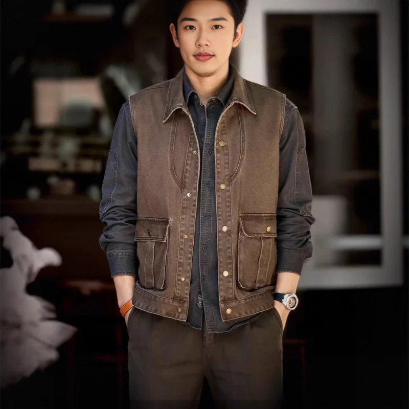 

Spring And Autumn New American Retro Workwear Vest Men'S Trendy Outerwear Sleeveless Casual