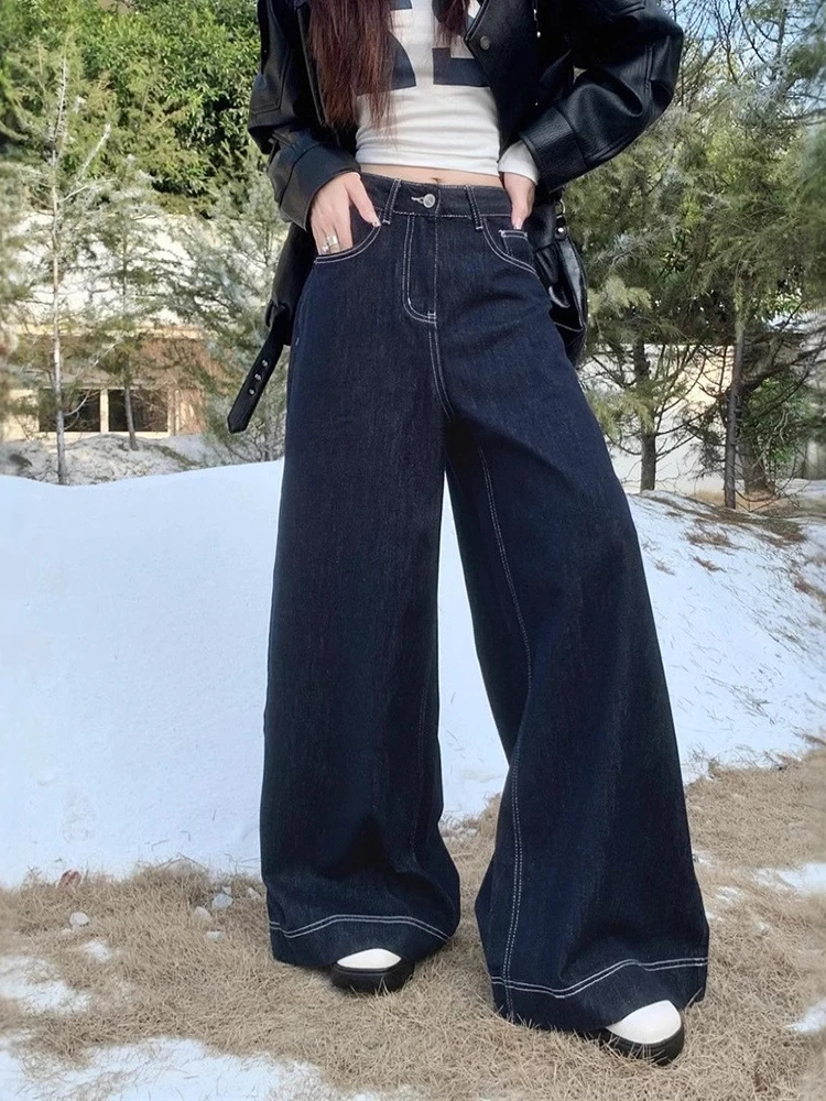 SHENGPALAE Loose Denim Wide Leg Pants For Women High Waist Spliced Pockets Vintage Style New 2025 Spring Jeans Trousers 5G263