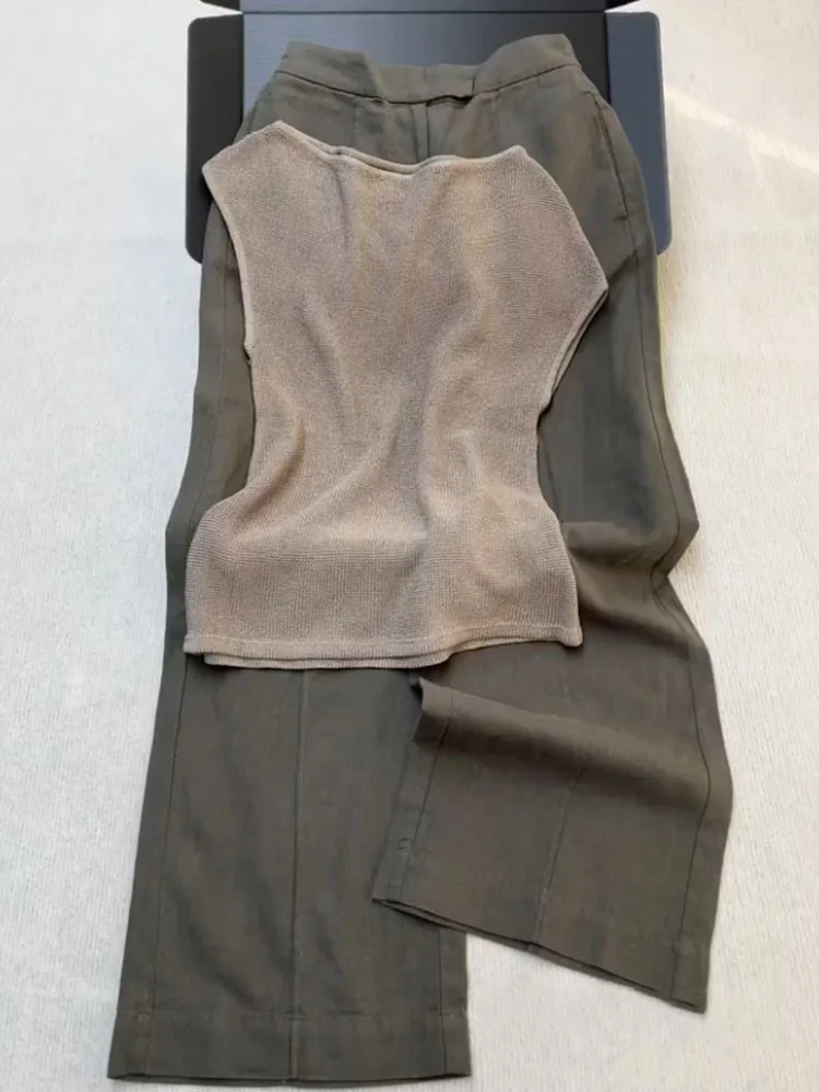 ชุดเซ็ตสองชิ้น เสื้อถักสีกากีและกางเกงขายาว สไตล์ลำลอง ให้ความรู้สึกหรูหรา สำหรับผู้หญิง คุณภาพพรีเมียม