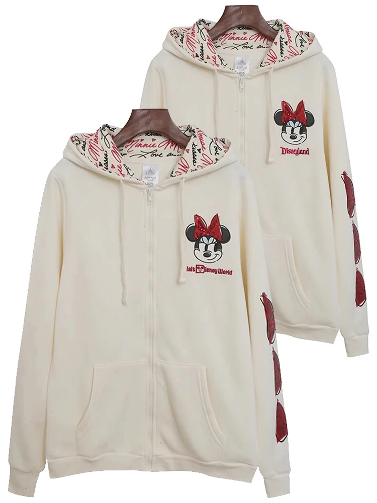 Disneyland World Sweatshirt Minnie Mouse Letter Sequined Cartoon Print Embroidery Fashion Women Zip Pocket Hooded Jumper Tops